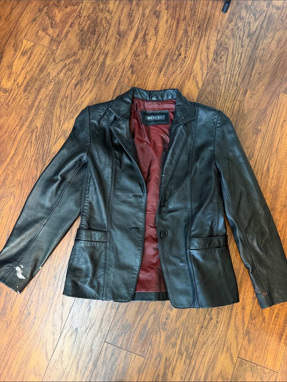 Worthington Black Leather Blazer with Burgundy Lining